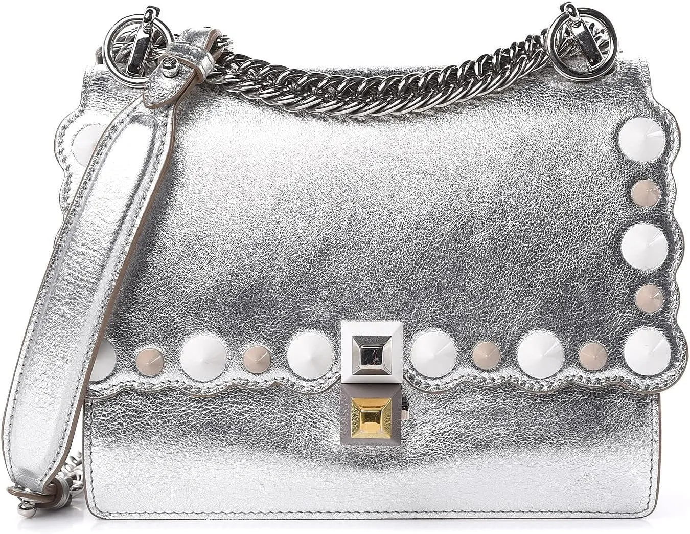 Fendi Kan I Metallic Silver Calfskin Scalloped Studded Small Shoulder Bag 8M0381