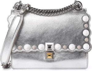 Fendi Kan I Metallic Silver Calfskin Scalloped Studded Small Shoulder Bag 8M0381