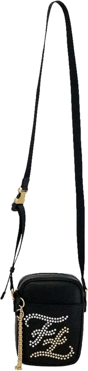 FENDI Karligraphy Studded Black Leather Small Crossbody Bag