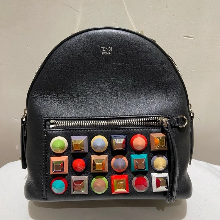 Fendi Preloved Multicolored Studded Leather Backpack Black