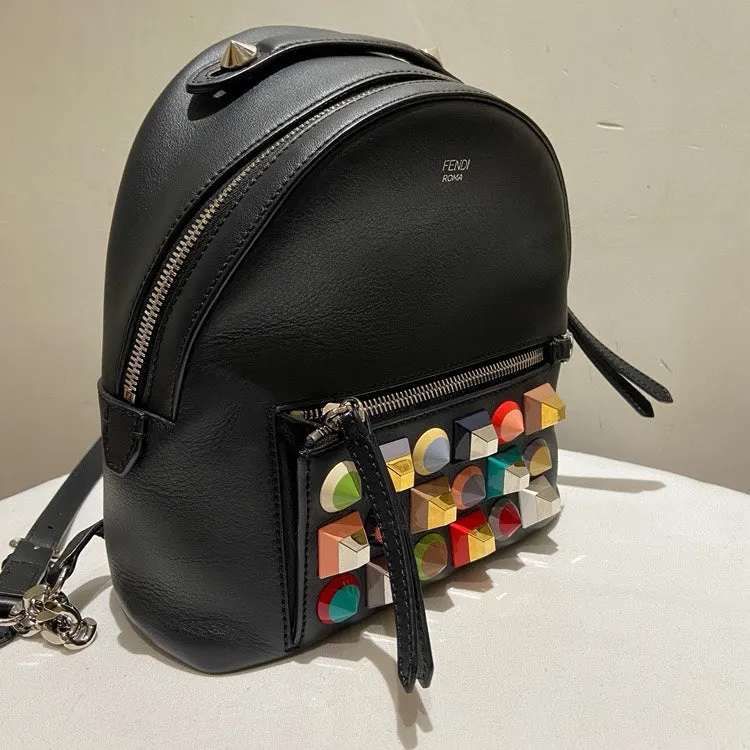 Fendi Preloved Multicolored Studded Leather Backpack Black