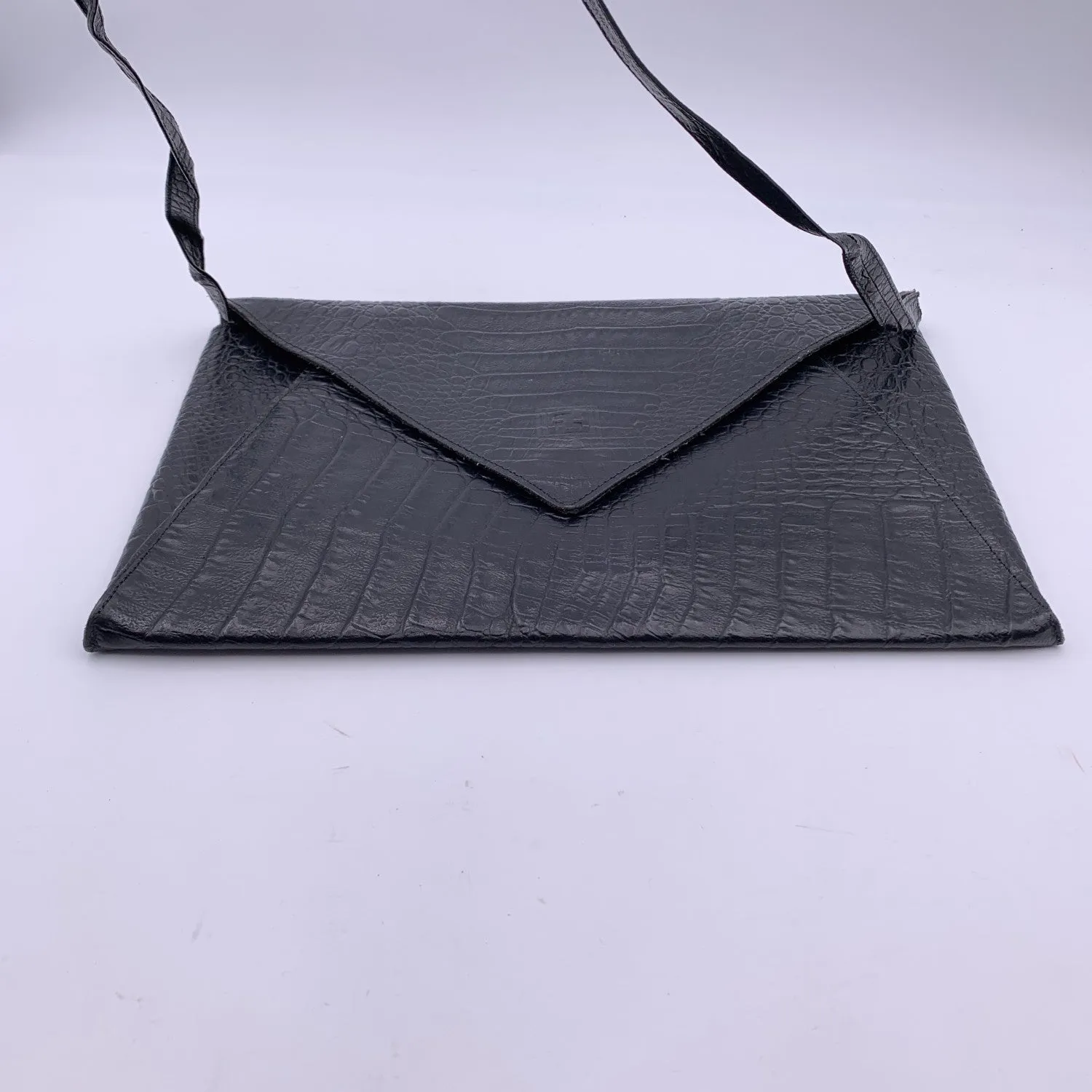 FENDI Vintage Black Embossed Portfolio Envelope Clutch Bag With Strap