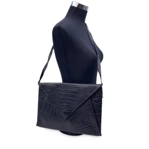 FENDI Vintage Black Embossed Portfolio Envelope Clutch Bag With Strap