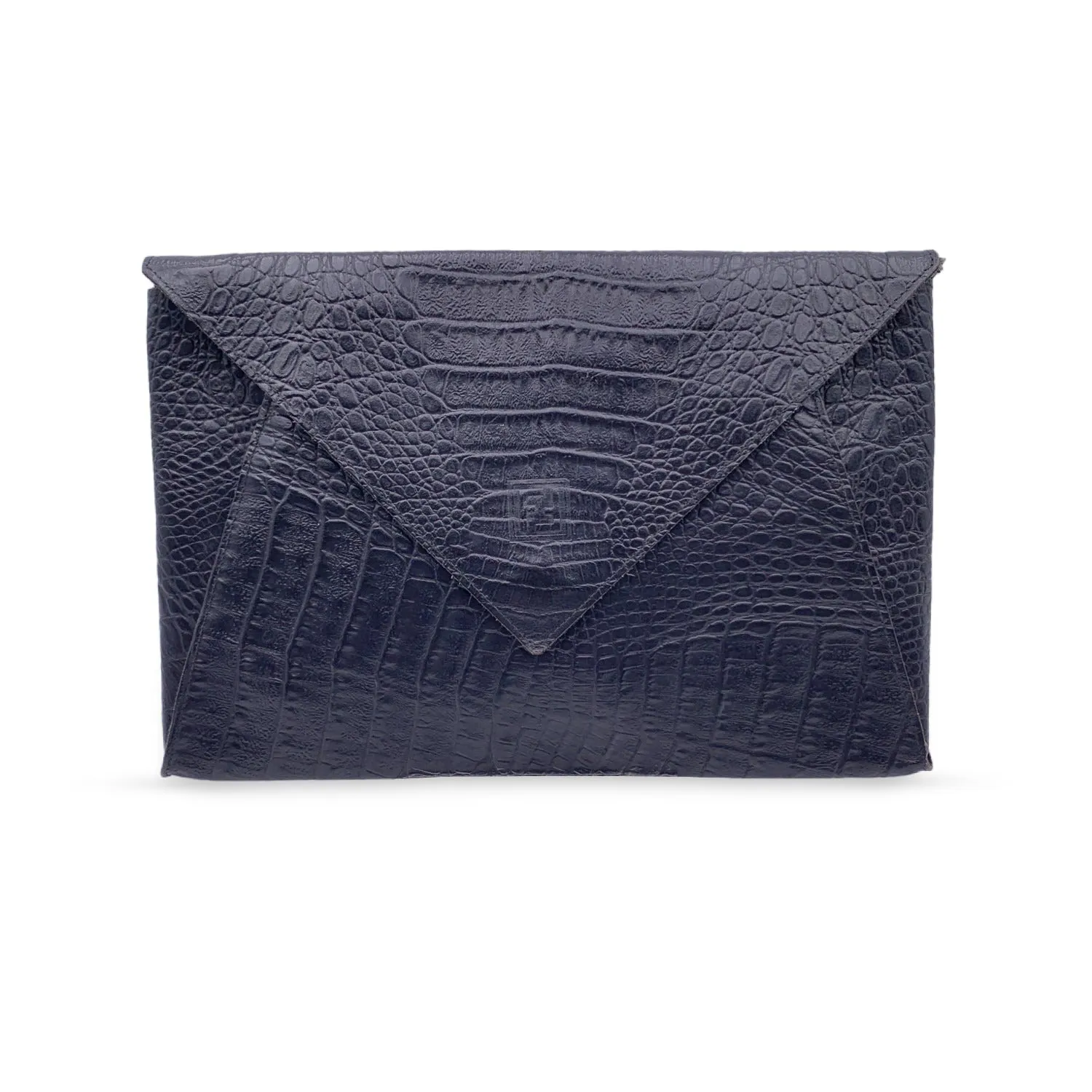 FENDI Vintage Black Embossed Portfolio Envelope Clutch Bag With Strap
