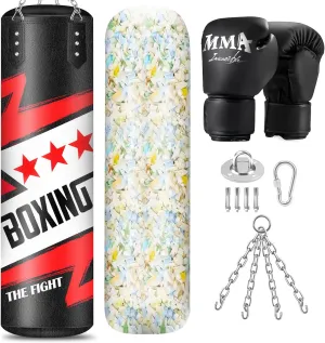 Filled Punching Bag for Adults, 4FT PU Leather Hanging Boxing Bag with 11lb Sponge Filler & 12OZ Boxing Gloves, Heavy Kicking Bag Boxing Equipment for MMA Training Karate Kickboxing