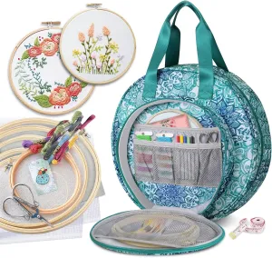 FINPAC Embroidery Project Bag, Embroidery Supplies Storage Carrying Tote Case with Multiple Pockets for Floss, Hoops, Thread, Stitch Tools Kit [Bag Only]