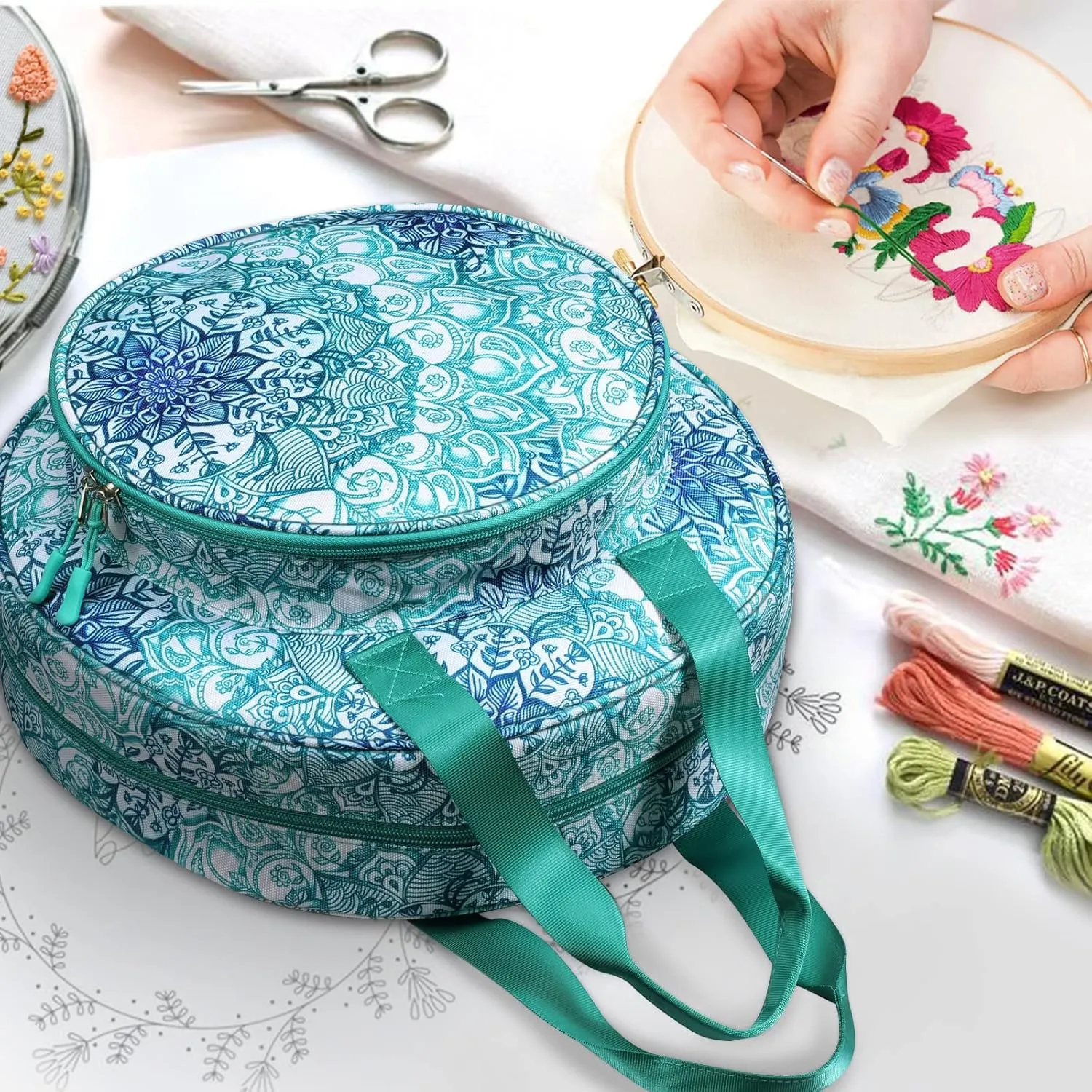 FINPAC Embroidery Project Bag, Embroidery Supplies Storage Carrying Tote Case with Multiple Pockets for Floss, Hoops, Thread, Stitch Tools Kit [Bag Only]