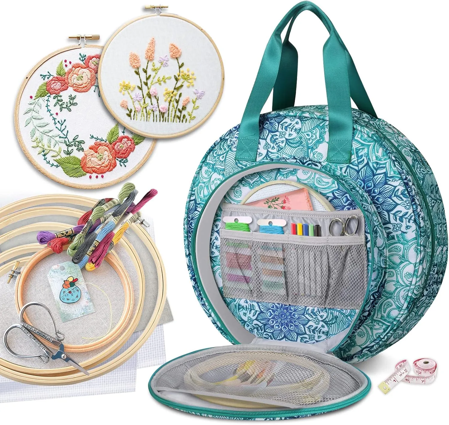 FINPAC Embroidery Project Bag, Embroidery Supplies Storage Carrying Tote Case with Multiple Pockets for Floss, Hoops, Thread, Stitch Tools Kit [Bag Only]