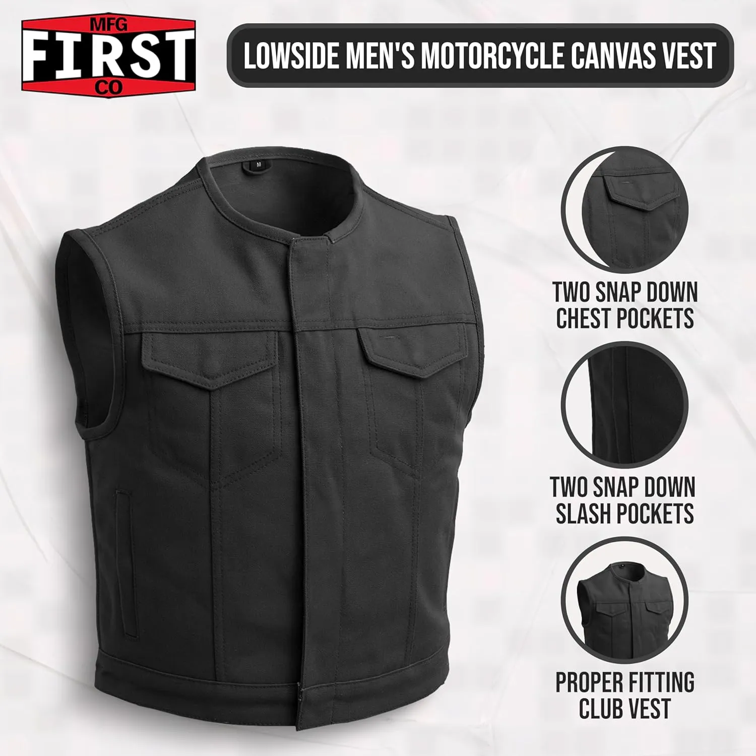 First Mfg Co - Lowside - Mens Motorcycle Biker Riding Canvas, Leather, Twill, Perforated Leather Vest