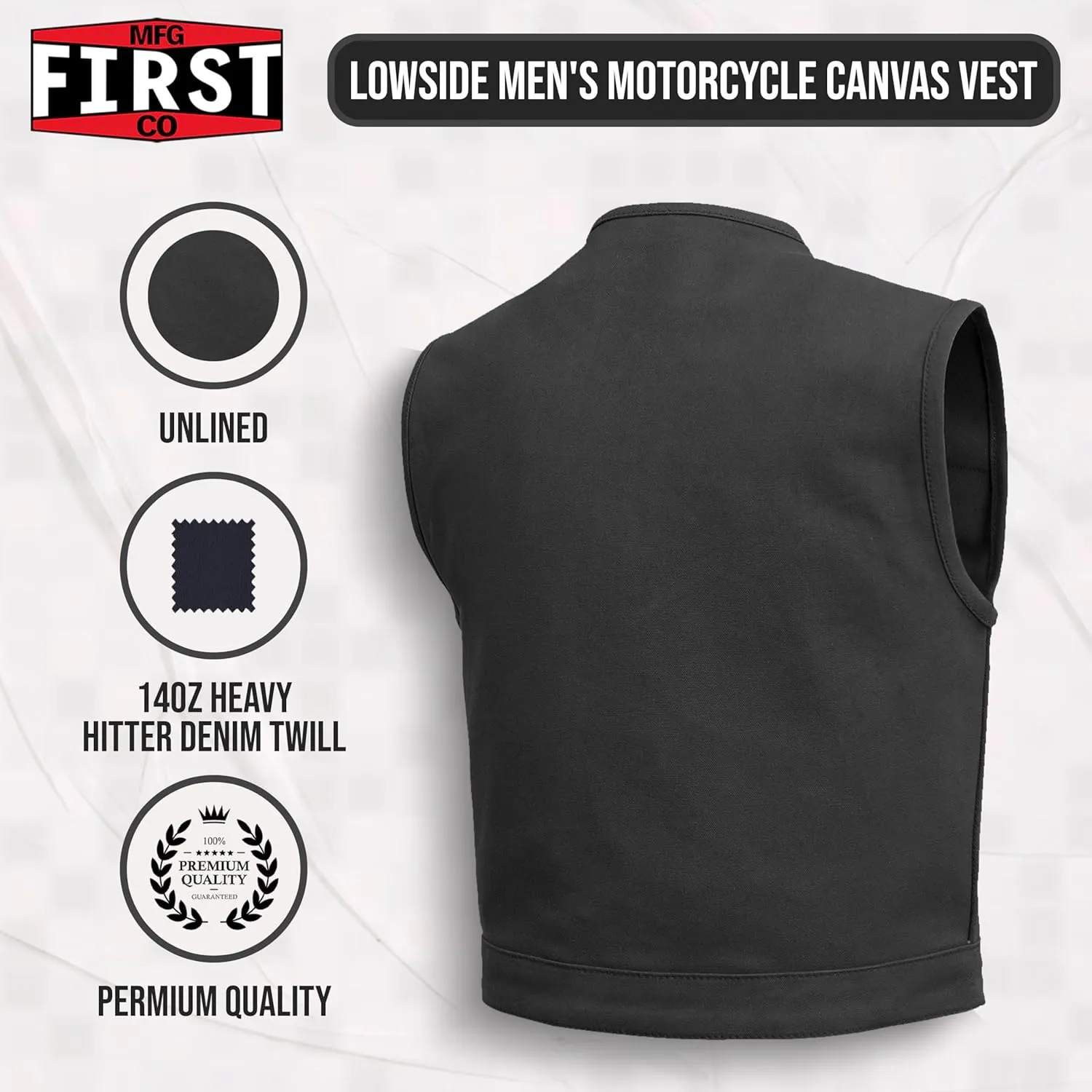First Mfg Co - Lowside - Mens Motorcycle Biker Riding Canvas, Leather, Twill, Perforated Leather Vest