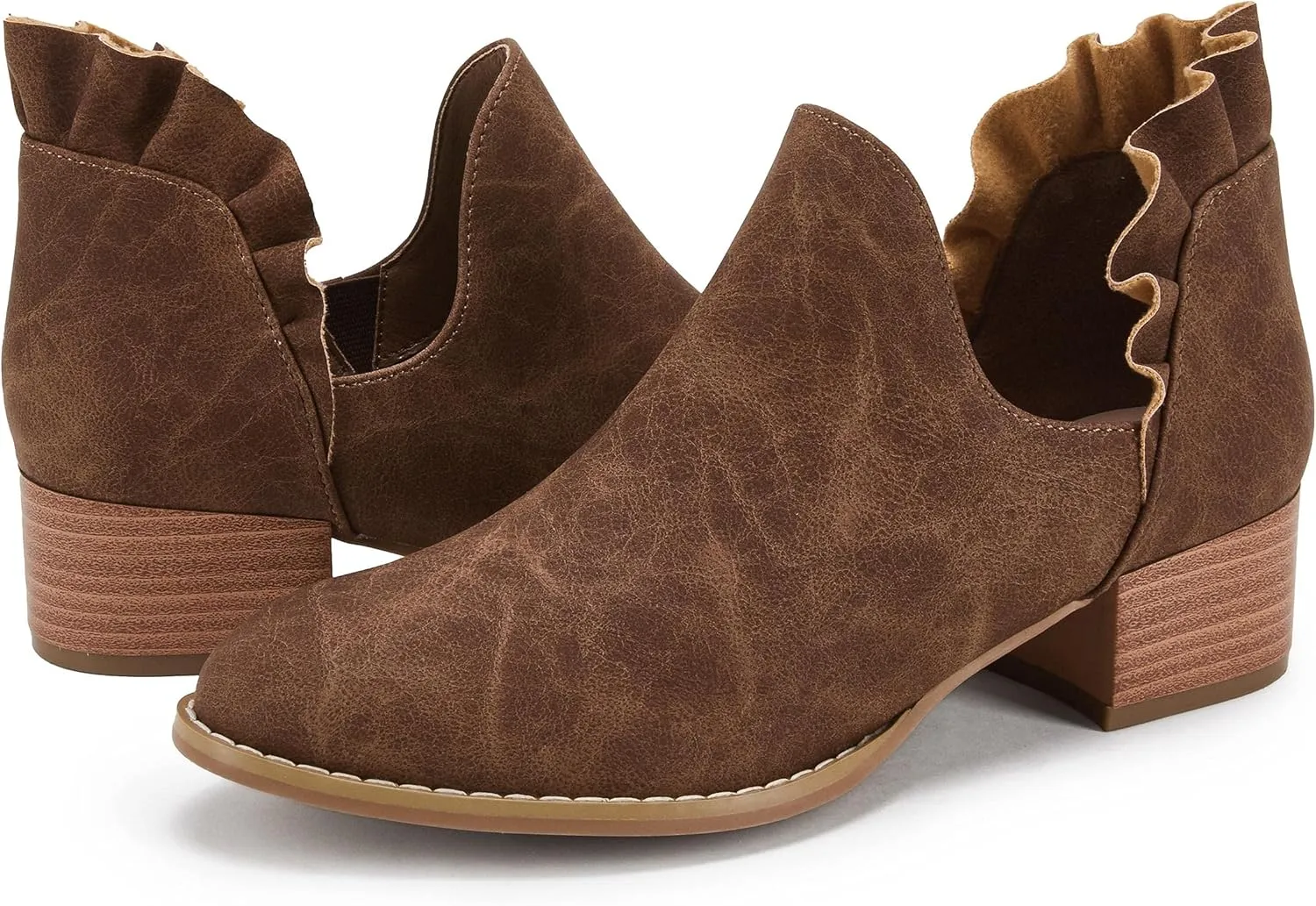 FISACE Womens Ruffled Ankle Boots V Cut Out Pointed Toe Chunky Low Heel Dressy Western Booties