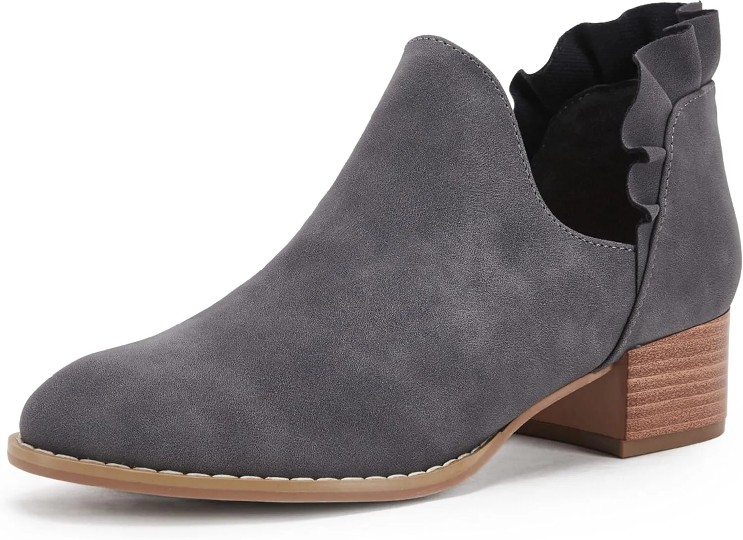 FISACE Womens Ruffled Ankle Boots V Cut Out Pointed Toe Chunky Low Heel Dressy Western Booties