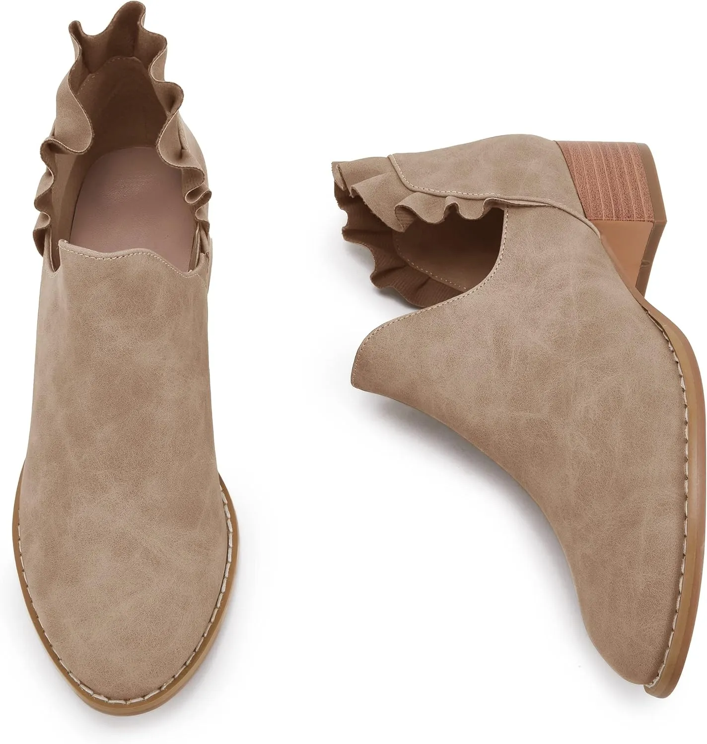 FISACE Womens Ruffled Ankle Boots V Cut Out Pointed Toe Chunky Low Heel Dressy Western Booties