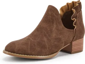 FISACE Womens Ruffled Ankle Boots V Cut Out Pointed Toe Chunky Low Heel Dressy Western Booties