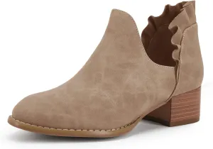 FISACE Womens Ruffled Ankle Boots V Cut Out Pointed Toe Chunky Low Heel Dressy Western Booties
