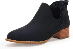 FISACE Womens Ruffled Ankle Boots V Cut Out Pointed Toe Chunky Low Heel Dressy Western Booties