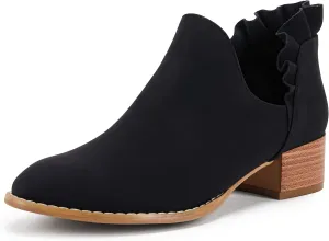 FISACE Womens Ruffled Ankle Boots V Cut Out Pointed Toe Chunky Low Heel Dressy Western Booties
