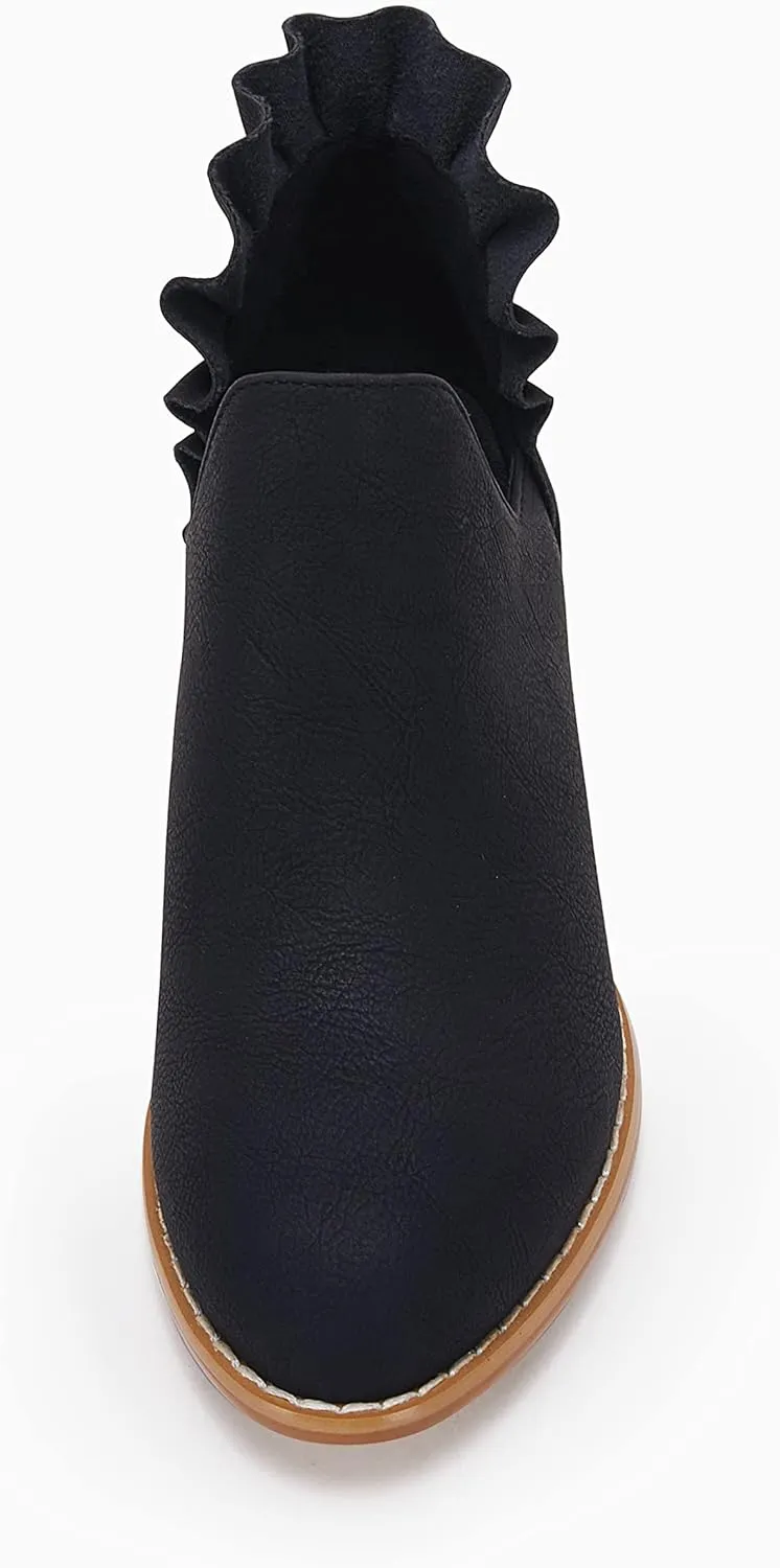 FISACE Womens Ruffled Ankle Boots V Cut Out Pointed Toe Chunky Low Heel Dressy Western Booties