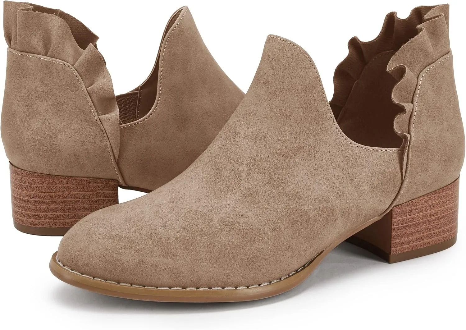 FISACE Womens Ruffled Ankle Boots V Cut Out Pointed Toe Chunky Low Heel Dressy Western Booties