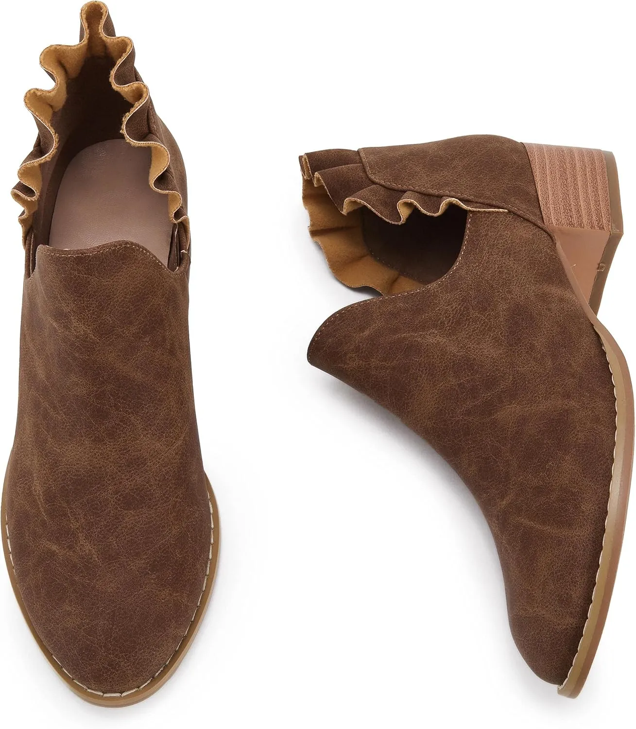 FISACE Womens Ruffled Ankle Boots V Cut Out Pointed Toe Chunky Low Heel Dressy Western Booties