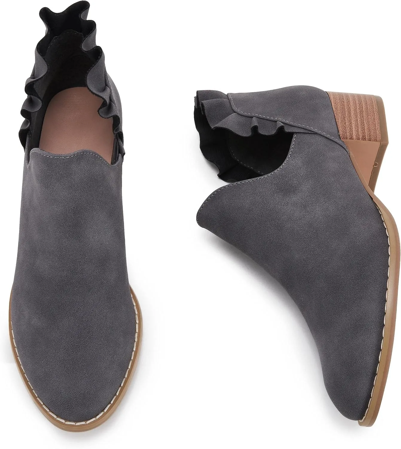 FISACE Womens Ruffled Ankle Boots V Cut Out Pointed Toe Chunky Low Heel Dressy Western Booties