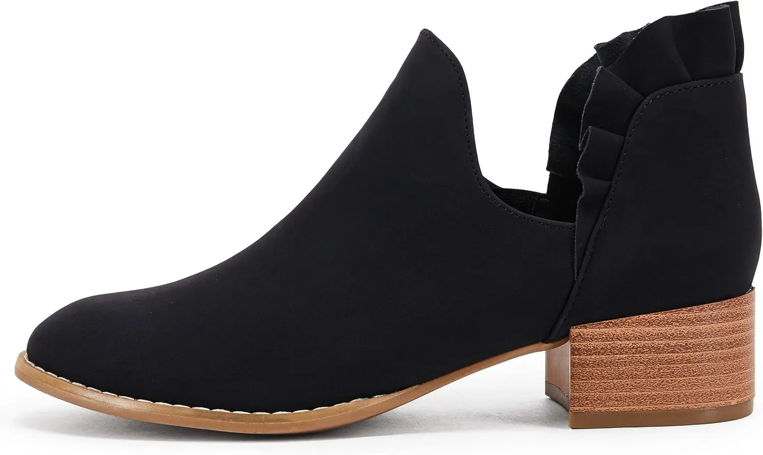 FISACE Womens Ruffled Ankle Boots V Cut Out Pointed Toe Chunky Low Heel Dressy Western Booties