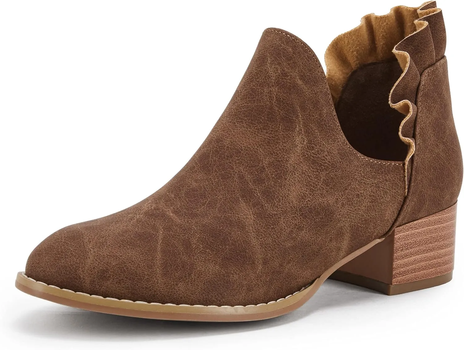 FISACE Womens Ruffled Ankle Boots V Cut Out Pointed Toe Chunky Low Heel Dressy Western Booties