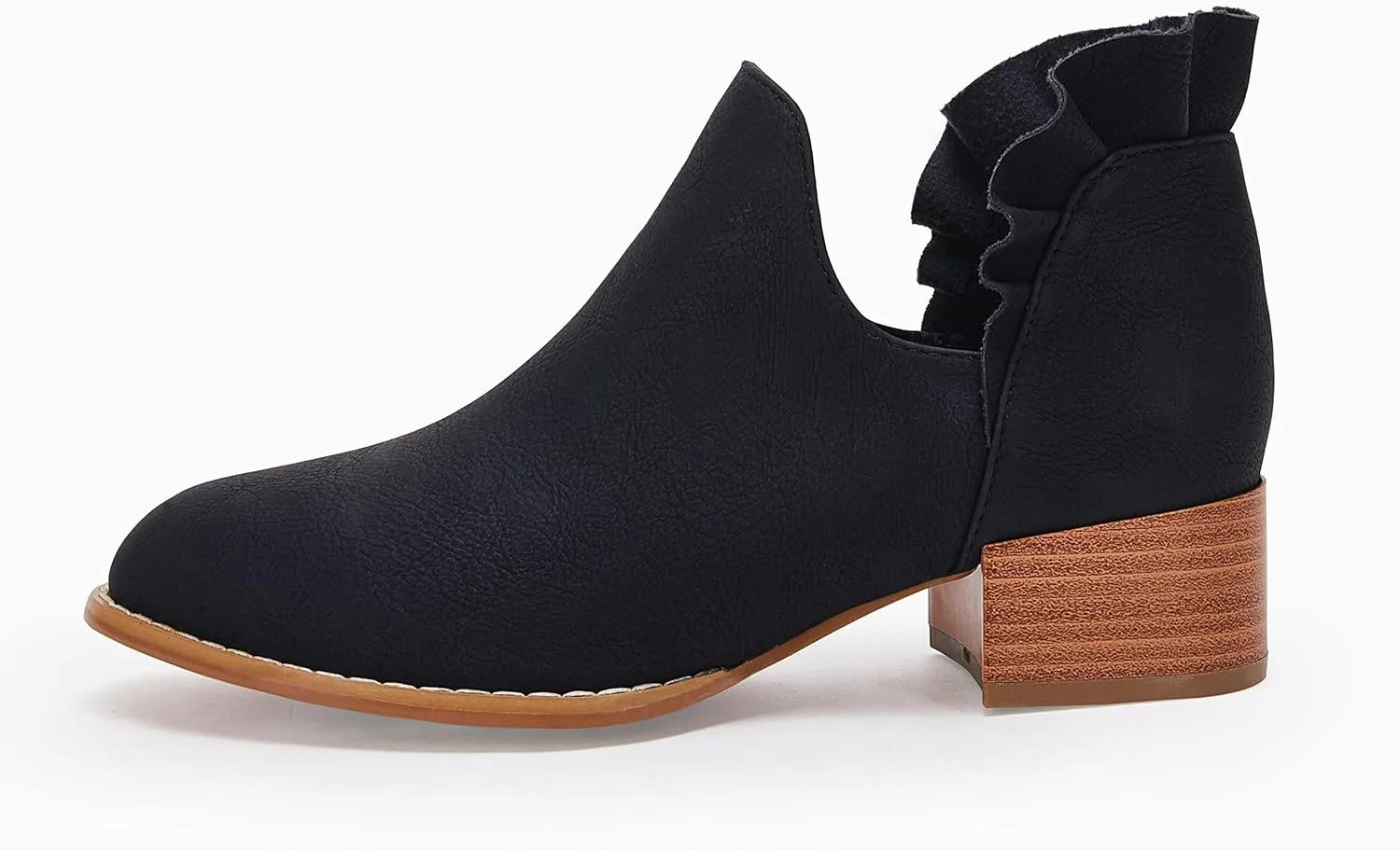 FISACE Womens Ruffled Ankle Boots V Cut Out Pointed Toe Chunky Low Heel Dressy Western Booties