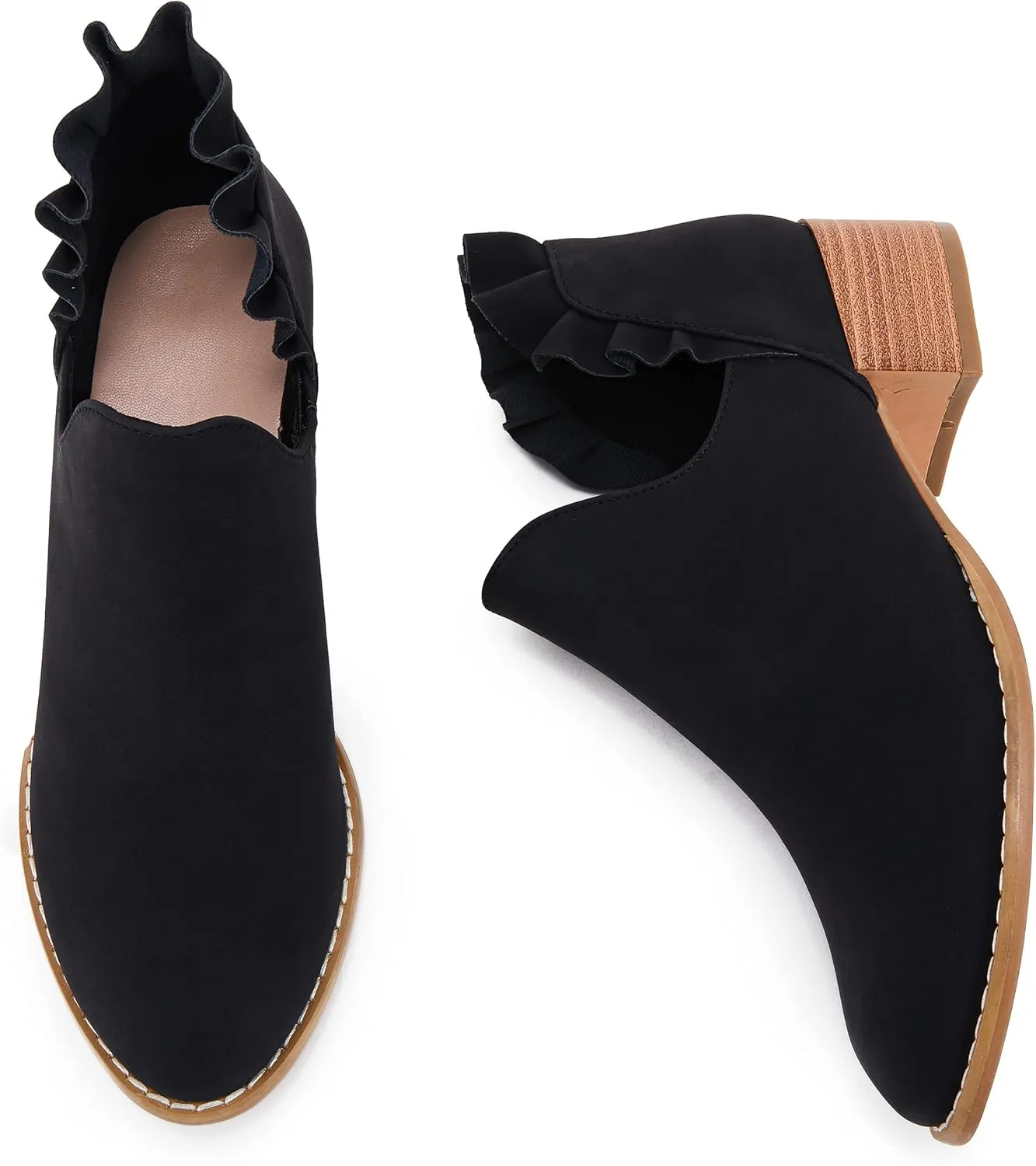 FISACE Womens Ruffled Ankle Boots V Cut Out Pointed Toe Chunky Low Heel Dressy Western Booties