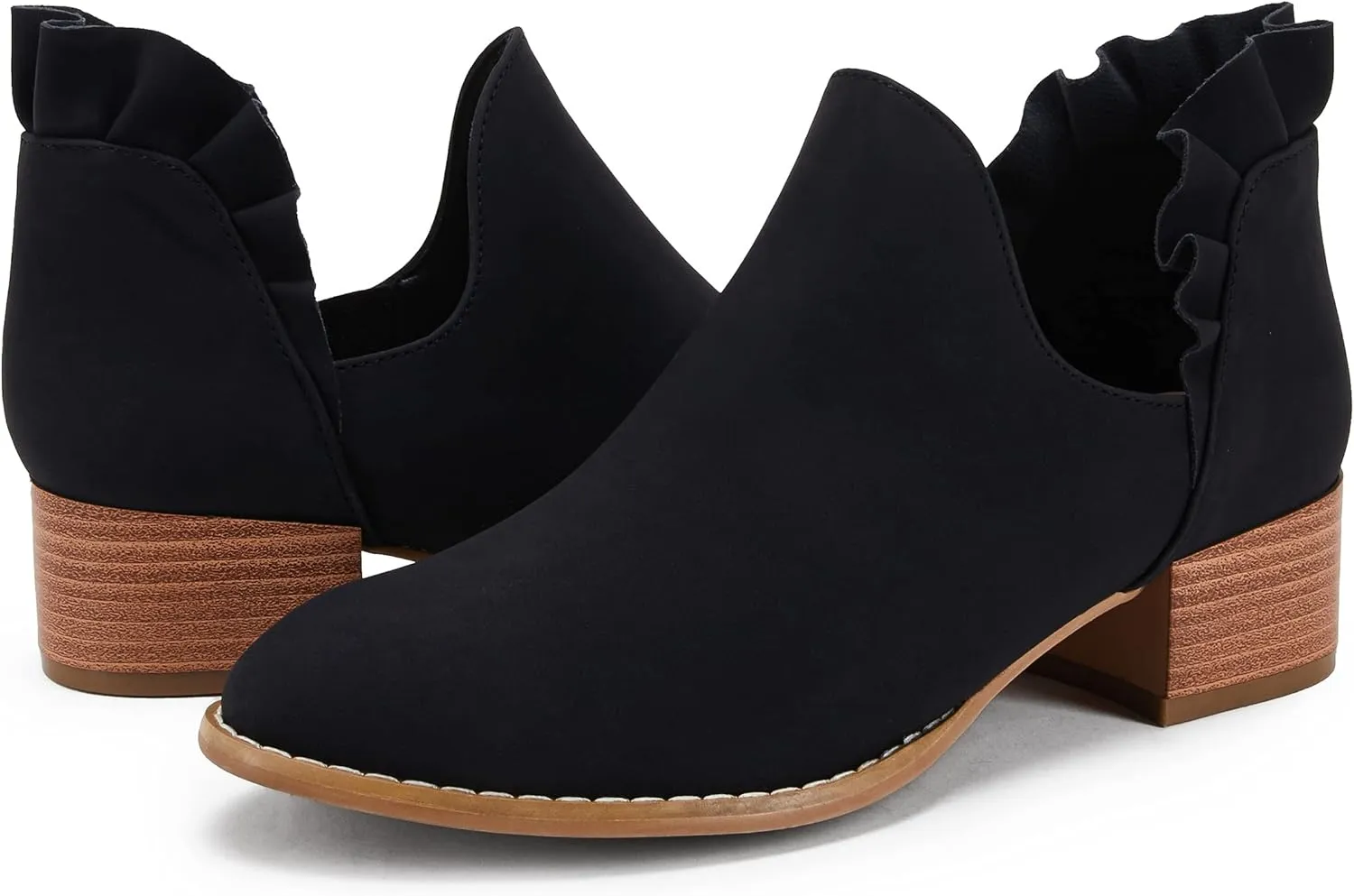 FISACE Womens Ruffled Ankle Boots V Cut Out Pointed Toe Chunky Low Heel Dressy Western Booties