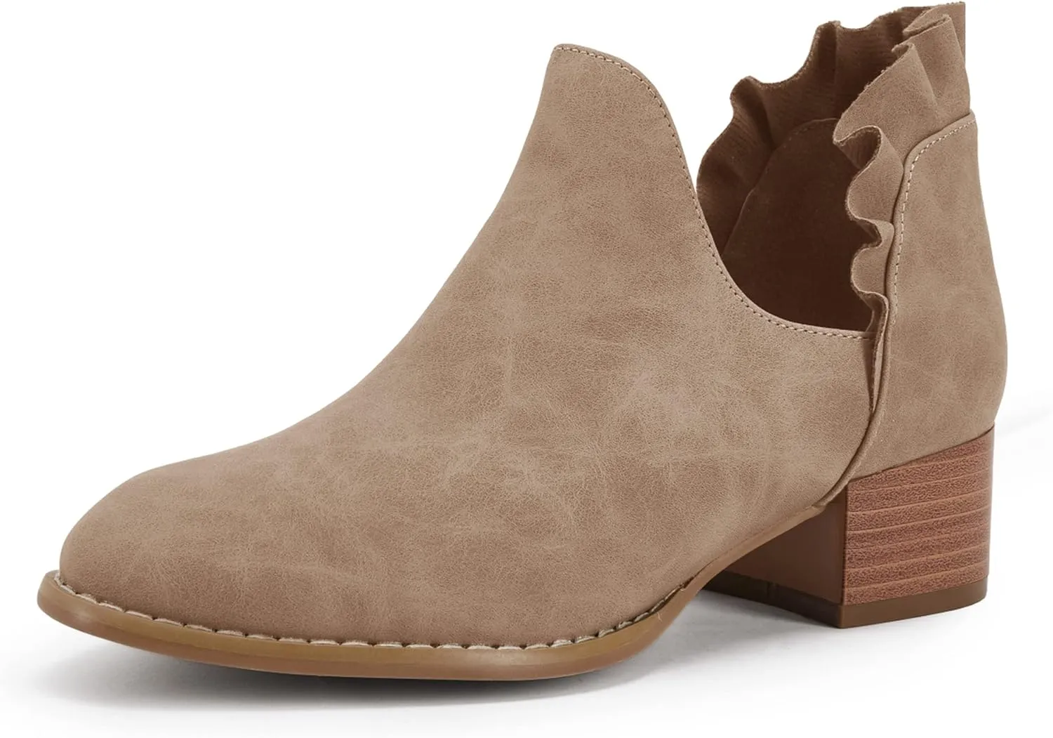 FISACE Womens Ruffled Ankle Boots V Cut Out Pointed Toe Chunky Low Heel Dressy Western Booties