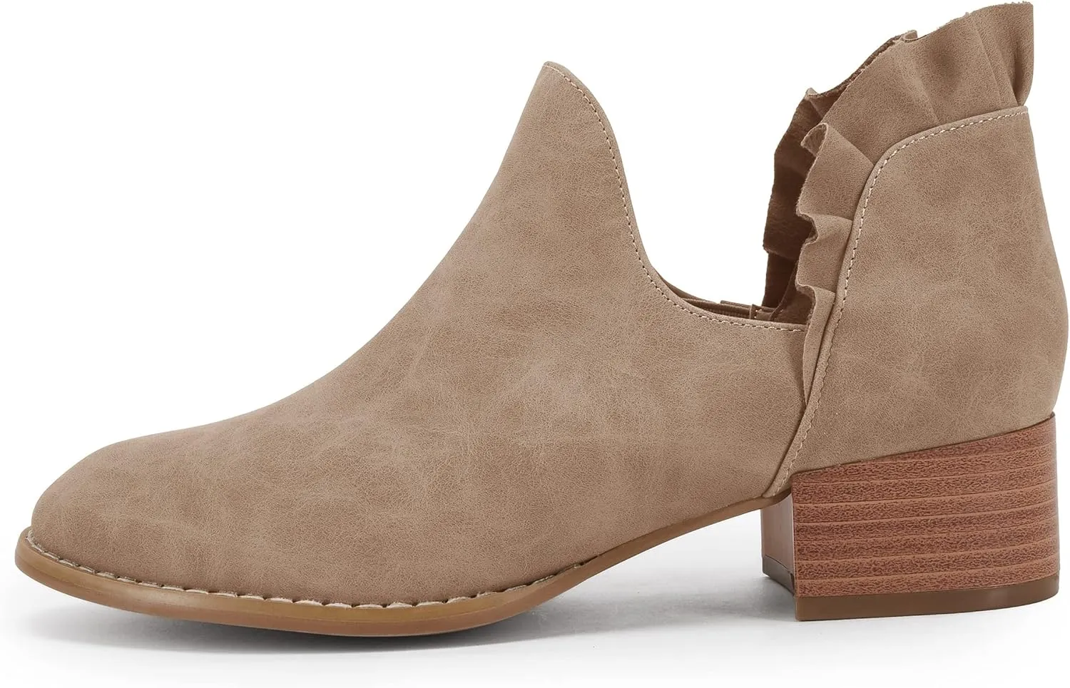 FISACE Womens Ruffled Ankle Boots V Cut Out Pointed Toe Chunky Low Heel Dressy Western Booties