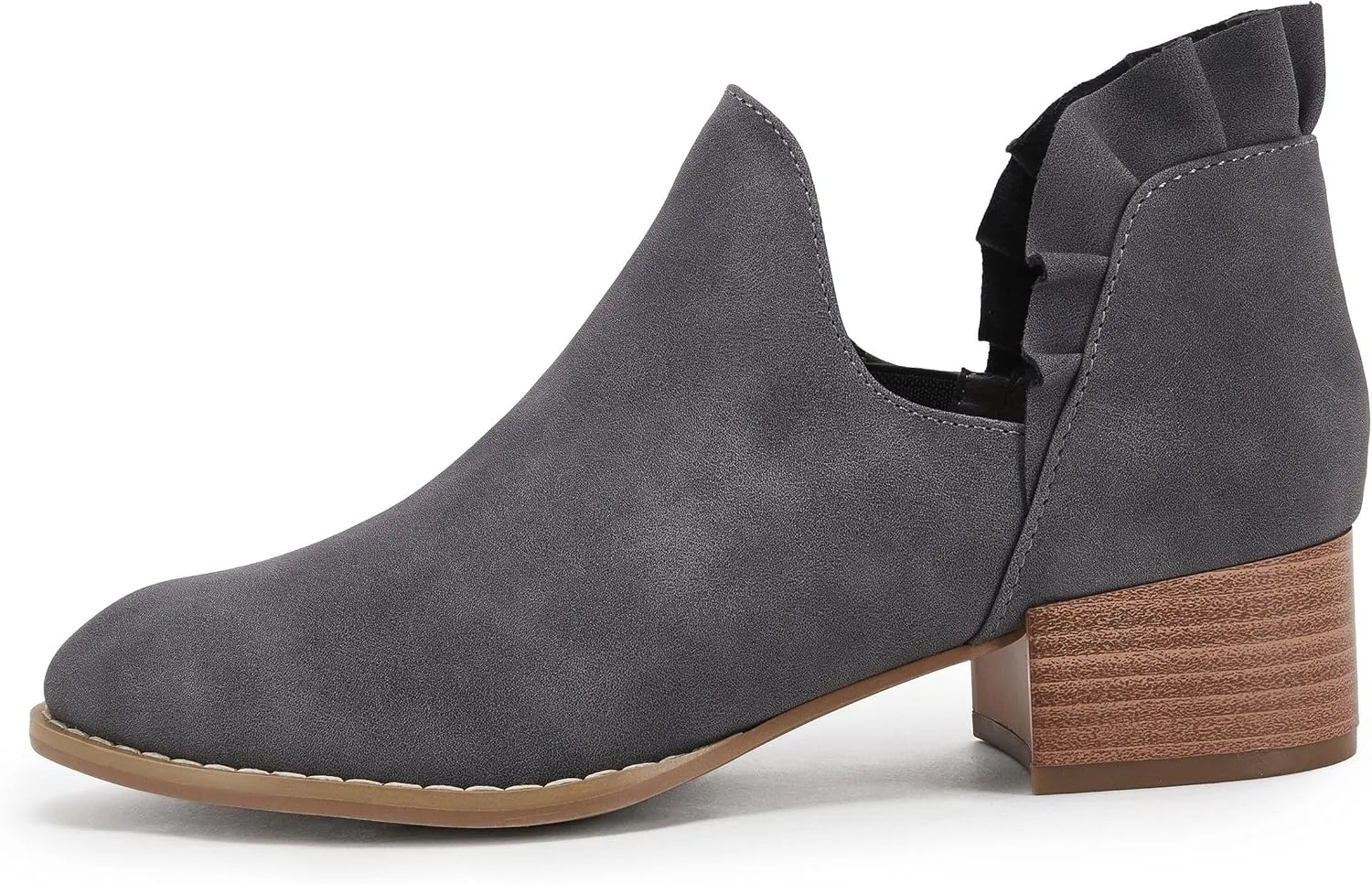 FISACE Womens Ruffled Ankle Boots V Cut Out Pointed Toe Chunky Low Heel Dressy Western Booties