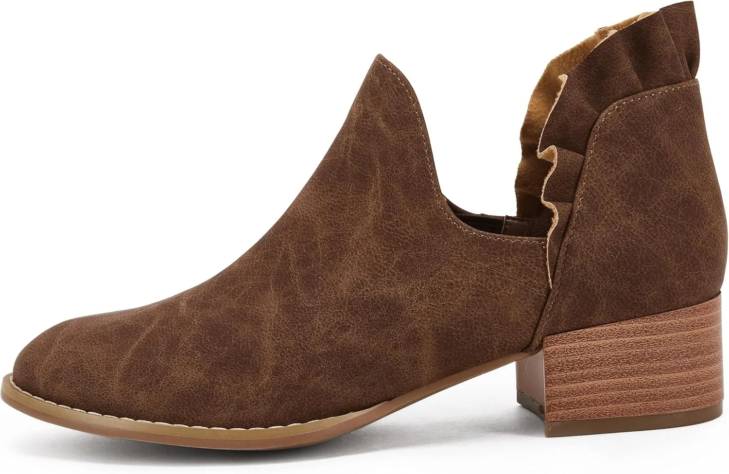 FISACE Womens Ruffled Ankle Boots V Cut Out Pointed Toe Chunky Low Heel Dressy Western Booties