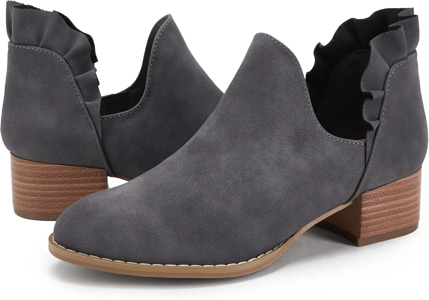 FISACE Womens Ruffled Ankle Boots V Cut Out Pointed Toe Chunky Low Heel Dressy Western Booties