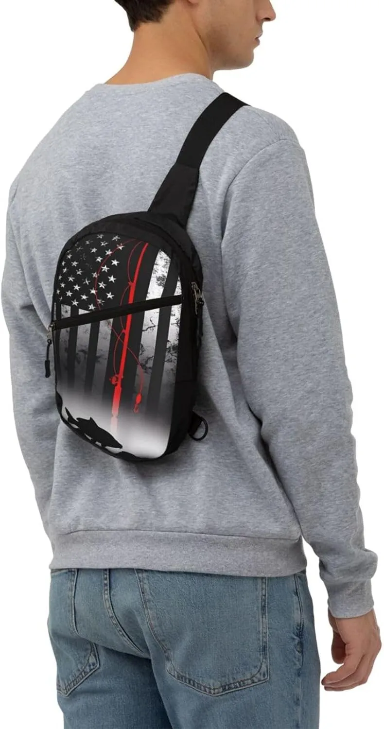 Fishing Pole American Flag Patriotic Fisherman Portable Sling Bags Packable Crossbody Bag Foldable Sport Daypack Reusable Shoulder Backpack Diagonally Chest Bag for Workout Travel