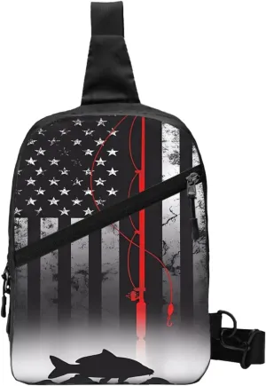 Fishing Pole American Flag Patriotic Fisherman Portable Sling Bags Packable Crossbody Bag Foldable Sport Daypack Reusable Shoulder Backpack Diagonally Chest Bag for Workout Travel