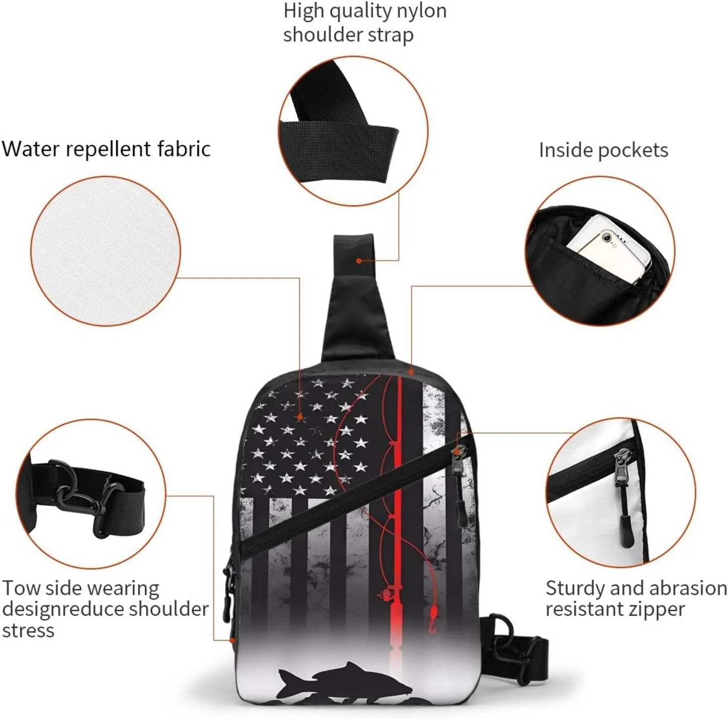 Fishing Pole American Flag Patriotic Fisherman Portable Sling Bags Packable Crossbody Bag Foldable Sport Daypack Reusable Shoulder Backpack Diagonally Chest Bag for Workout Travel