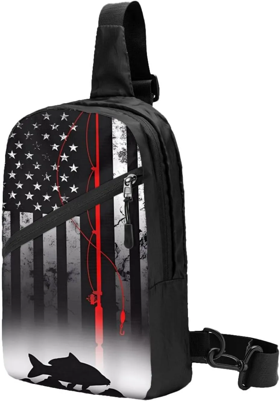 Fishing Pole American Flag Patriotic Fisherman Portable Sling Bags Packable Crossbody Bag Foldable Sport Daypack Reusable Shoulder Backpack Diagonally Chest Bag for Workout Travel