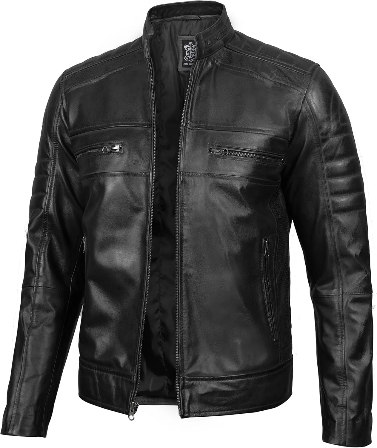 fjackets Cafe Racer Leather Jacket Men - Real Lambskin Natural Grain Leather Moto Style Jackets For Mens
