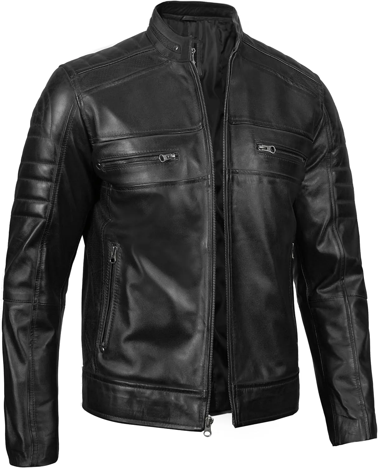fjackets Cafe Racer Leather Jacket Men - Real Lambskin Natural Grain Leather Moto Style Jackets For Mens