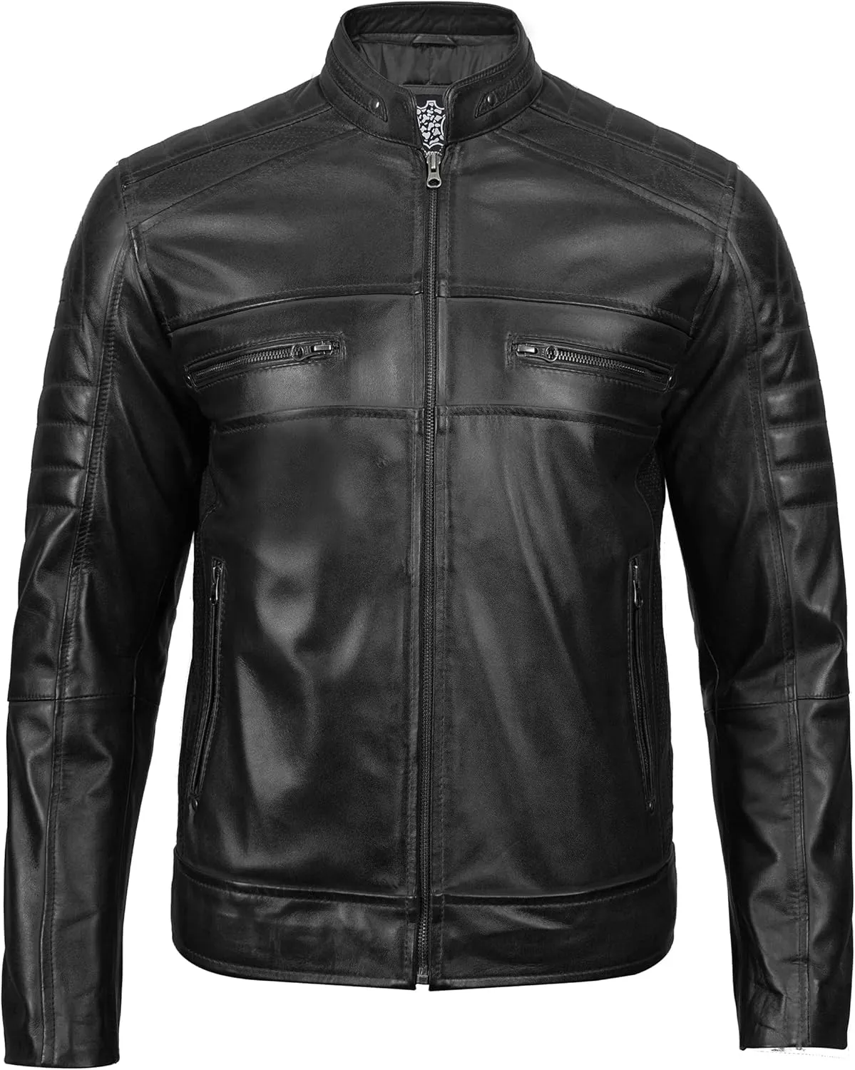 fjackets Cafe Racer Leather Jacket Men - Real Lambskin Natural Grain Leather Moto Style Jackets For Mens