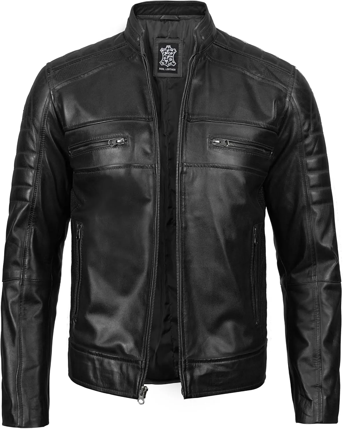 fjackets Cafe Racer Leather Jacket Men - Real Lambskin Natural Grain Leather Moto Style Jackets For Mens