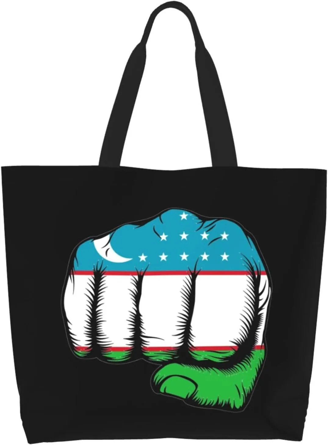 Flag of Uzbekistan Fist Power Canvas Tote Bags for Women, Ladies Shoulder Handbags Large Purse Lightweight Foldable Reusable Shopping Bag with Pockets for Work, Travel, 15.7x19.7in
