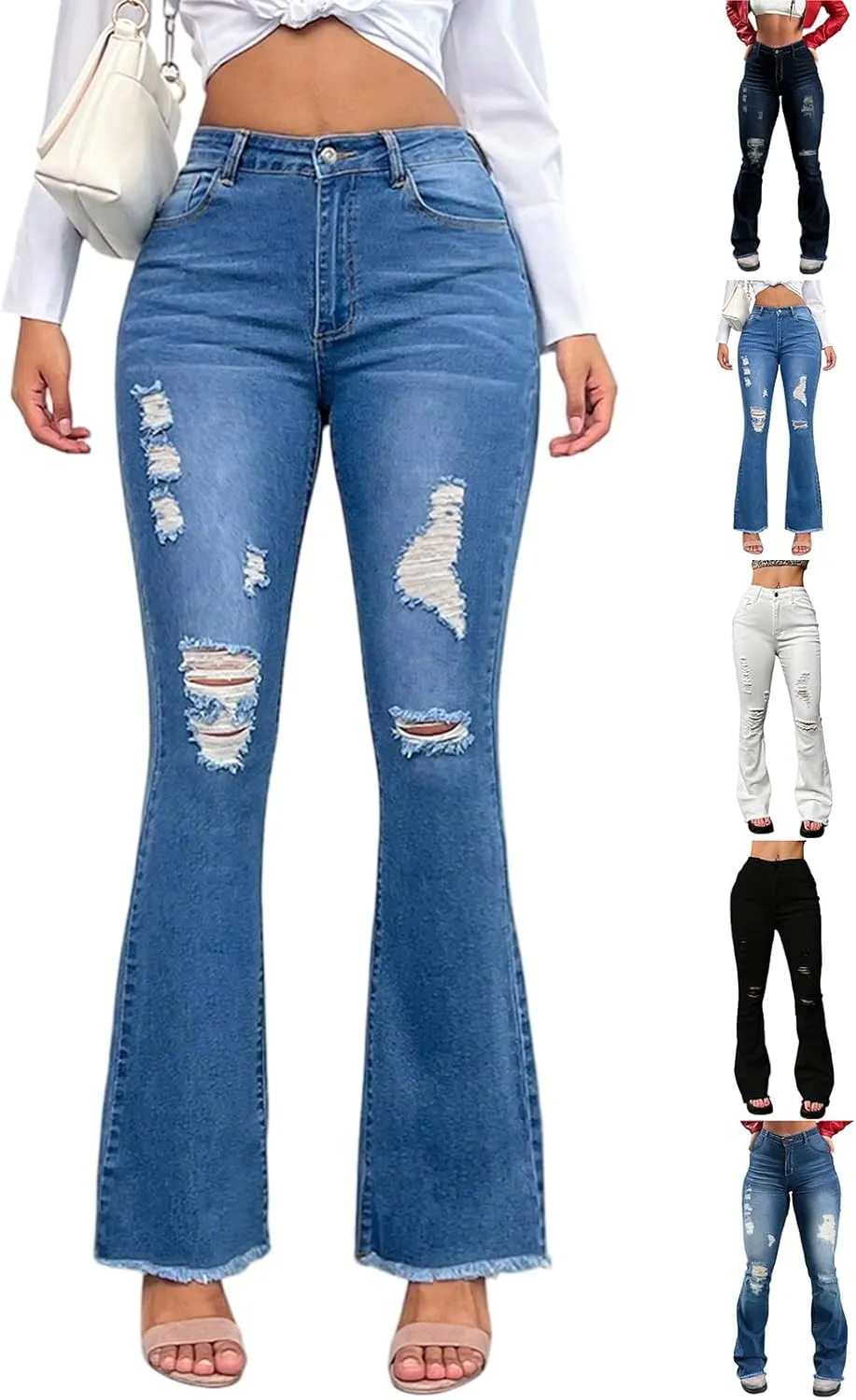 Flare Ripped Jeans Womens High Waisted Bell Bottom Distressed Jeans Skinny Bootcut Pants Denim Pants with Pockets