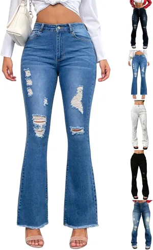 Flare Ripped Jeans Womens High Waisted Bell Bottom Distressed Jeans Skinny Bootcut Pants Denim Pants with Pockets