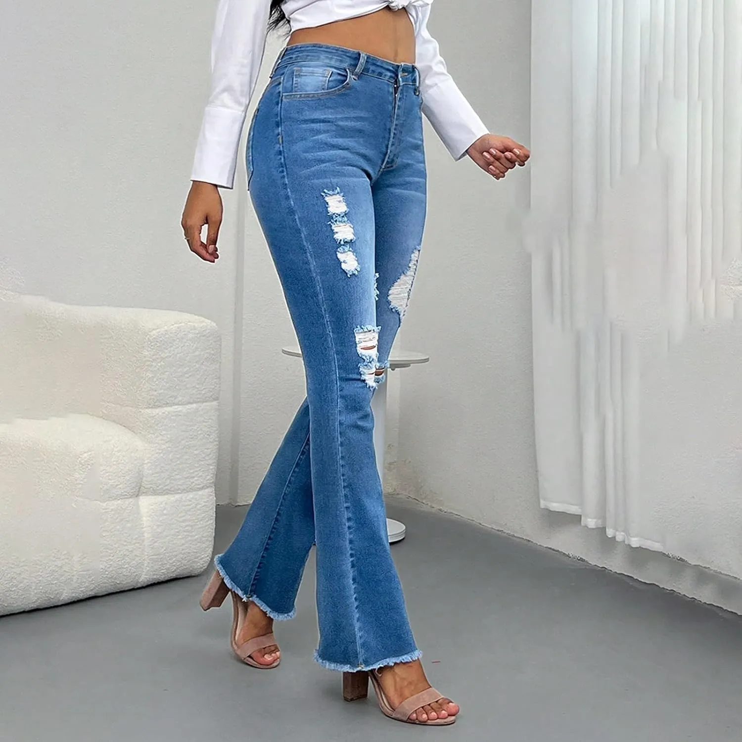 Flare Ripped Jeans Womens High Waisted Bell Bottom Distressed Jeans Skinny Bootcut Pants Denim Pants with Pockets