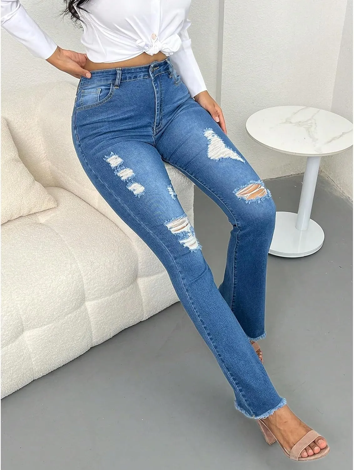 Flare Ripped Jeans Womens High Waisted Bell Bottom Distressed Jeans Skinny Bootcut Pants Denim Pants with Pockets