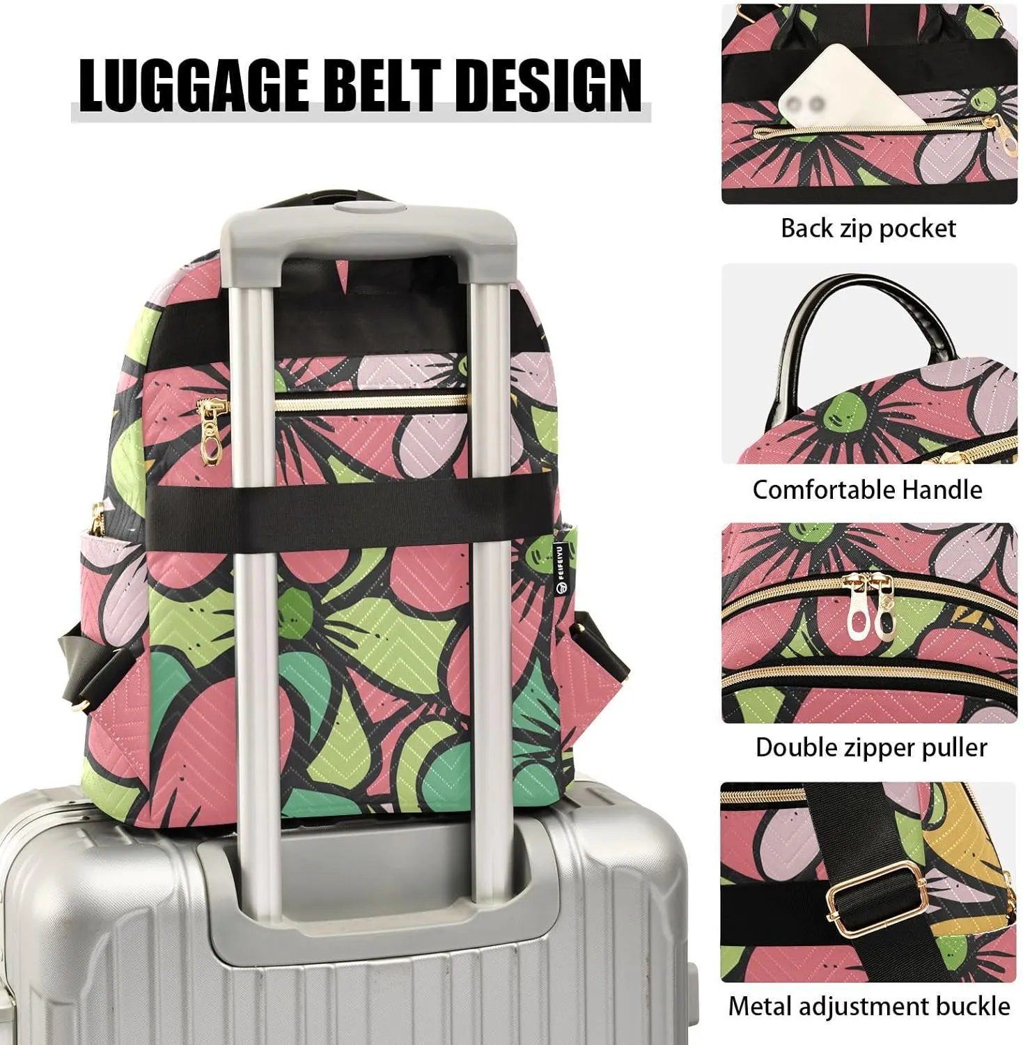 Floral Mini Backpack Women's Quilted Small Backpack Purse for Women College Fashion Travel Daypack Shoulder Bag