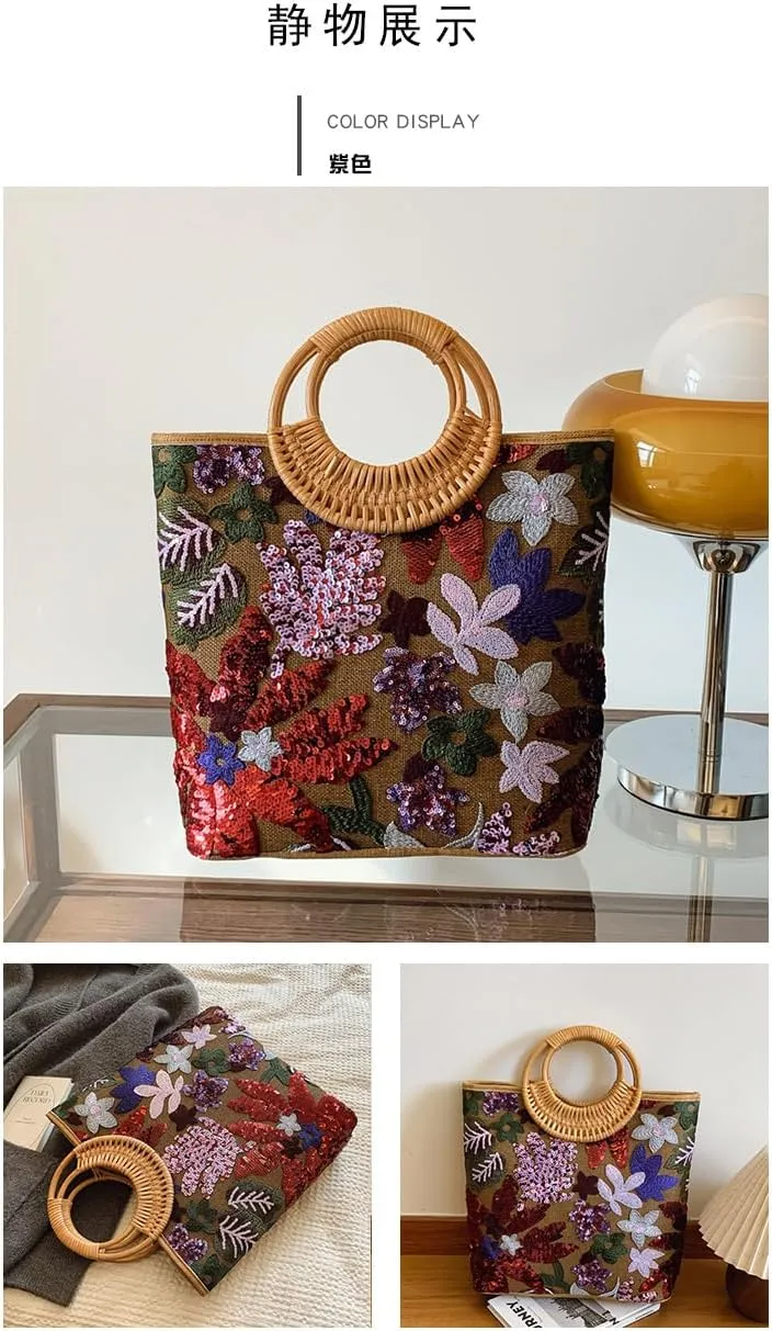 Floral Sequin Handbag with Bamboo Handle, Embroidered Tote Purse, Brown Multi-Color